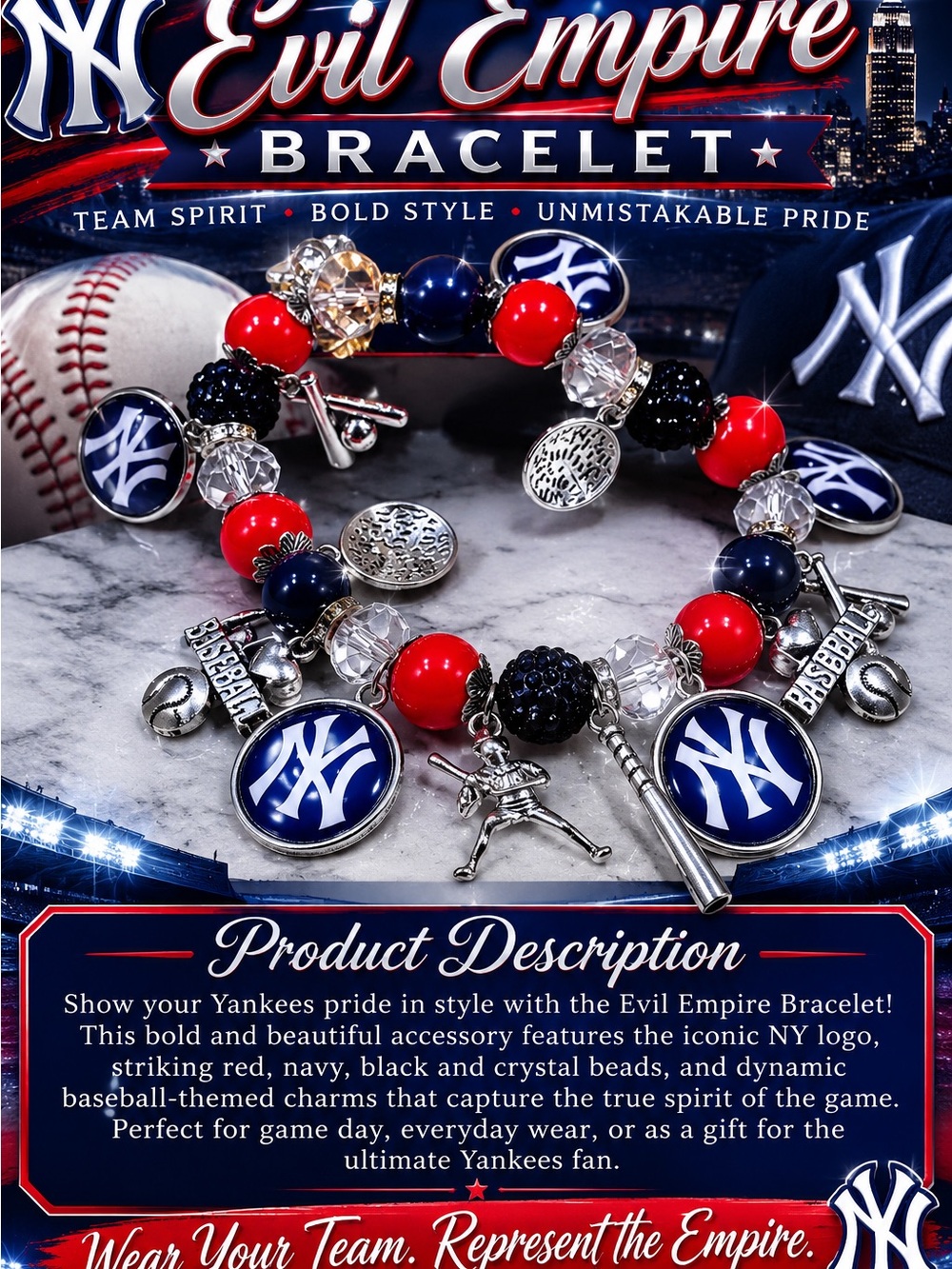 Yankees — Red, Navy & Black Baseball Charm Bracelet